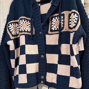 POL Navy and Cream Checkered Cardigan